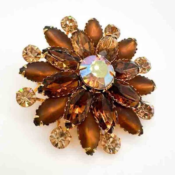 Vintage Signed Judy Lee Rhinestone Brooch Amber Aurora Borealis Star 2" c1970s - Picture 9 of 12